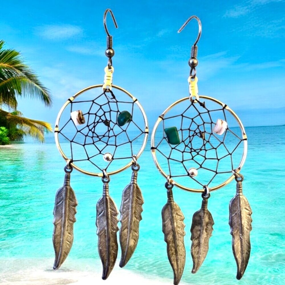 Dream Catcher Earrings Hook Beads Hand Woven Boho Festival Spiritual